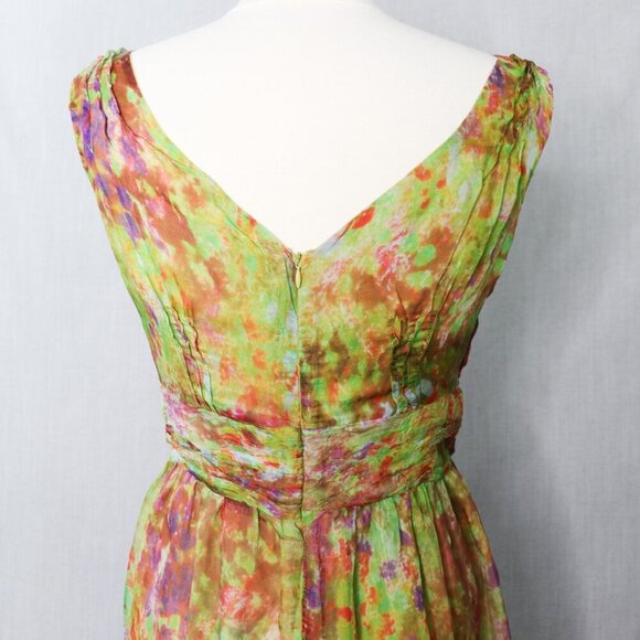 Sundance 100% Silk Fit & Flare Dress Size 10 Green Watercolor Floral Sleeveless - Picture 9 of 16